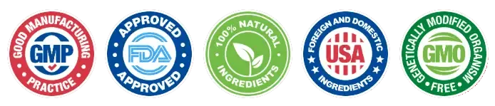 GMP FDA Natural USA GMO-Free seals
